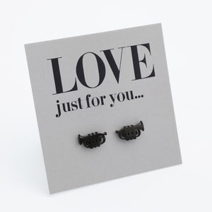 Black earrings on a 'LOVE just for you' card