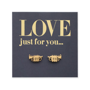 Gold trumpet earrings on a dark blue card with 'LOVE just for you...' text