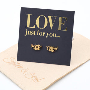 Gold earrings trumpet on a 'LOVE just for you' card with a beige envelope
