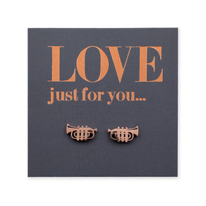 Rose gold trumpet earrings on a dark gray card with 'LOVE just for you...' text