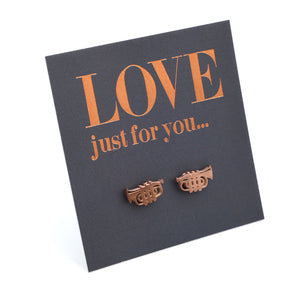 Copper trumpet earrings on a 'LOVE just for you' card
