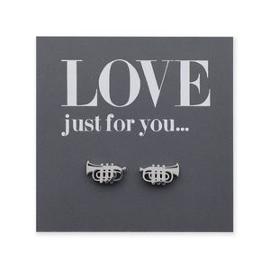Silver trumpet-shaped earrings on a gray card with 'LOVE just for you...' text.