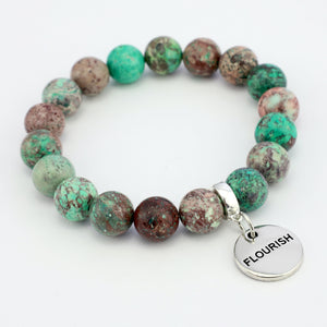 Precious Stone Bracelet - Minty Aqua Imperial Jasper 10mm Beads- With Silver Word Charms