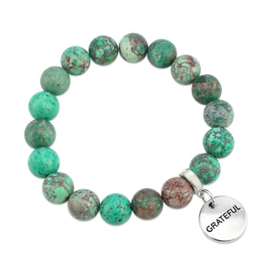 Precious Stone Bracelet - Minty Aqua Imperial Jasper 10mm Beads- With Silver Word Charms