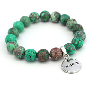 Precious Stone Bracelet - Minty Aqua Imperial Jasper 10mm Beads- With Silver Word Charms