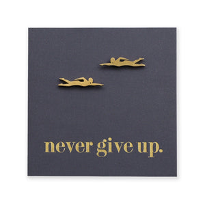 Motivational card with gold text 'never give up' and swimmer illustrations on a dark background