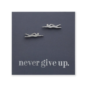 Motivational card with swimmer illustrations and 'never give up' text on a dark grey background