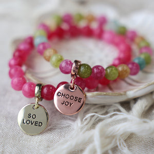 Stone Bracelet - Raspberry Agate 8mm Beads - With Gold Charms