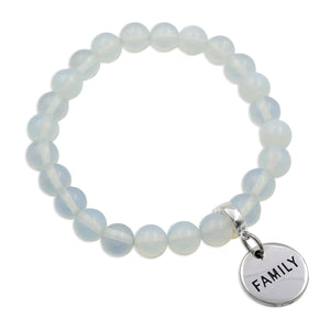 Opalite beaded bracelet with a 'FAMILY' charm on a white background