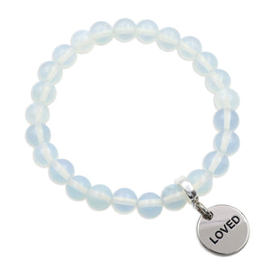 Stone Bracelet - Opalite Stone 8mm Beads - With Silver Word charm