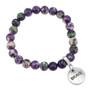 Stone Bracelet - Purple & Lime Patch Agate 8mm Beads - with Silver Word Charm