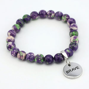 Stone Bracelet - Purple & Lime Patch Agate 8mm Beads - with Silver Word Charm