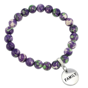 Stone Bracelet - Purple & Lime Patch Agate 8mm Beads - with Silver Word Charm