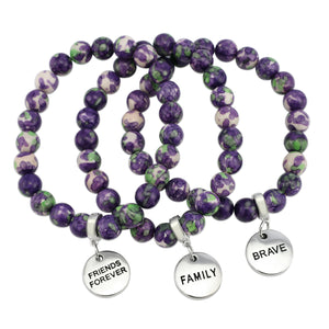 Stone Bracelet - Purple & Lime Patch Agate 8mm Beads - with Silver Word Charm