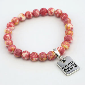 Stone Bracelet - Raspberry Sunshine Patch Agate 8mm Beads - with Silver Word Charm