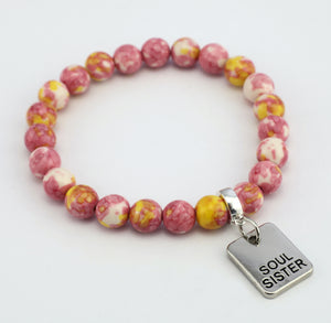 Stone Bracelet - Raspberry Sunshine Patch Agate 8mm Beads - with Silver Word Charm