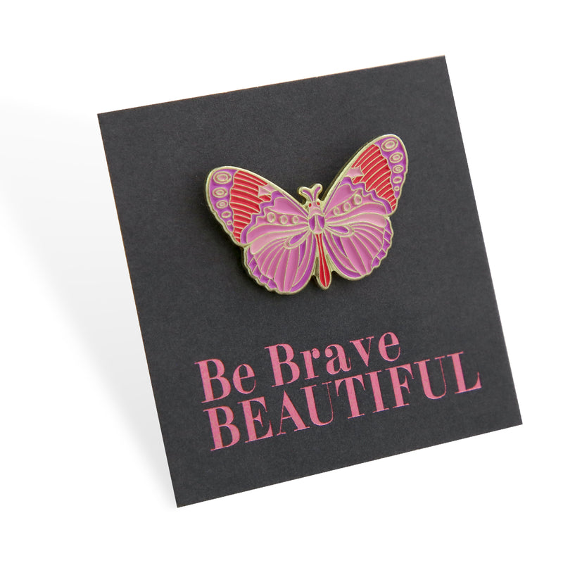 Lovely Pins! Be Brave Beautiful - Pink Butterfly Enamel Badge Pin - (10922)