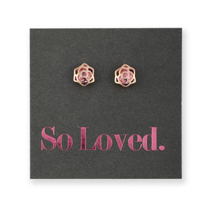 PINK COLLECTION - Rose Shaped Stud - Sterling Silver 18k Rose Gold Studs + Pink CZ Crystal - So Loved (9814)