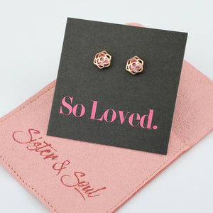 PINK COLLECTION - Rose Shaped Stud - Sterling Silver 18k Rose Gold Studs + Pink CZ Crystal - So Loved (9814)