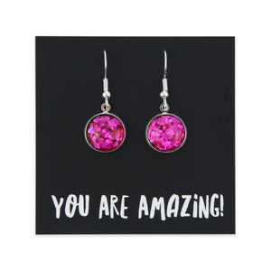 SPARKLEFEST - You Are Amazing - Stainless Steel Vintage Silver Dangles - Hot Pink Glitter (9216)
