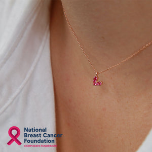 Pink heart pendant necklace sterling silver with 18K rose gold plating on gift card that has text that says so loved.