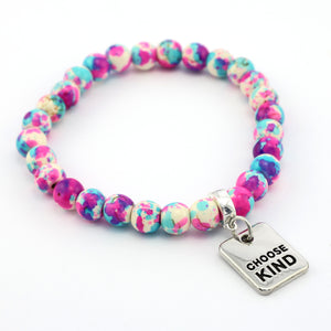 Stone Bracelet - Pop Fizz Patch Agate Speckled Howlite 8mm Beads - With Silver Word charm