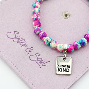 Stone Bracelet - Pop Fizz Patch Agate Speckled Howlite 8mm Beads - With Silver Word charm