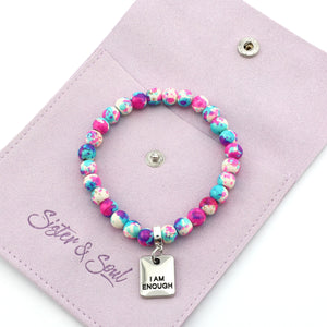 Stone Bracelet - Pop Fizz Patch Agate Speckled Howlite 8mm Beads - With Silver Word charm