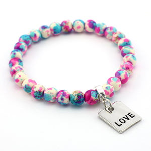 Stone Bracelet - Pop Fizz Patch Agate Speckled Howlite 8mm Beads - With Silver Word charm