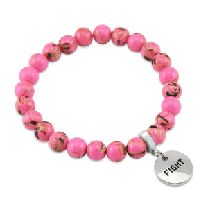 Pink beaded bracelet with a 'FIGHT' charm on a white background