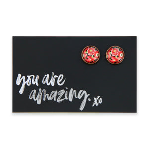 Floral earrings on a card with 'you are amazing' text