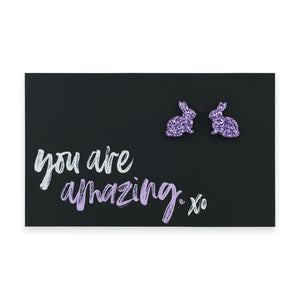 RESIN ACRYLIC BUNNY STUDS - You Are Amazing - Purple Glitter (9605)