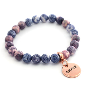 BRAVE charm on purple and pink stone bracelet