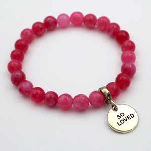 Stone Bracelet - Raspberry Agate 8mm Beads - With Gold Charms