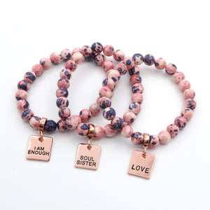 Stone Bracelet - Raspberry & Navy Patch Agate Stone 8mm Beads - with Rose Gold Word Charms