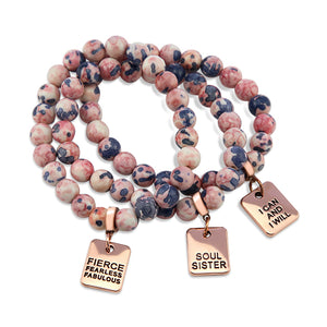 Stone Bracelet - Raspberry & Navy Patch Agate Stone 8mm Beads - with Rose Gold Word Charms