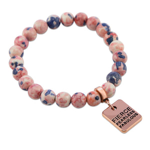 Stone Bracelet - Raspberry & Navy Patch Agate Stone 8mm Beads - with Rose Gold Word Charms