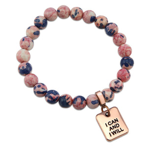 Stone Bracelet - Raspberry & Navy Patch Agate Stone 8mm Beads - with Rose Gold Word Charms
