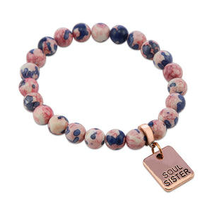 Stone Bracelet - Raspberry & Navy Patch Agate Stone 8mm Beads - with Rose Gold Word Charms