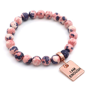 Stone Bracelet - Raspberry & Navy Patch Agate Stone 8mm Beads - with Rose Gold Word Charms