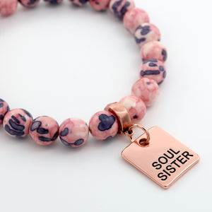 Stone Bracelet - Raspberry & Navy Patch Agate Stone 8mm Beads - with Rose Gold Word Charms