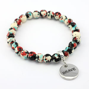 Stone Bracelet - Rebel Splash Speckled Howlite 8mm Beads - With Silver Word charm