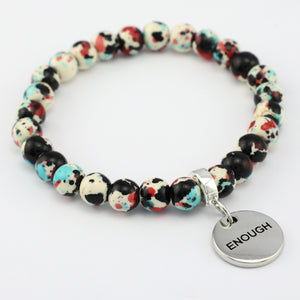 Stone Bracelet - Rebel Splash Speckled Howlite 8mm Beads - With Silver Word charm