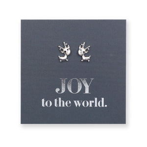 Silver reindeer earrings on a card with 'JOY to the world.' text