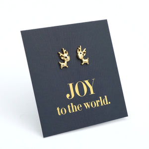 Gold reindeer earrings on a black card with 'JOY to the world.' text