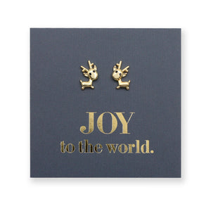 Gold reindeer earrings on a blue card with 'JOY to the world.' text