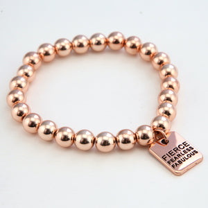 The STRONG WOMEN Collection Hematite Bracelet 8mm Beads with word charm - Rose Gold Rebel