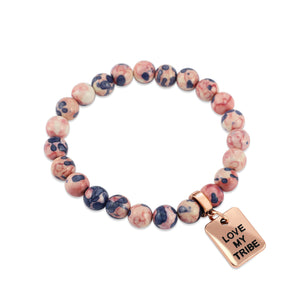 Stone Bracelet - Raspberry & Navy Patch Agate Stone 8mm Beads - with Rose Gold Word Charms
