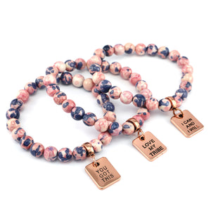 Stone Bracelet - Raspberry & Navy Patch Agate Stone 8mm Beads - with Rose Gold Word Charms