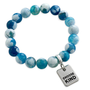 Blue and gray beaded bracelet with a 'CHOOSE KIND' charm on a white background
